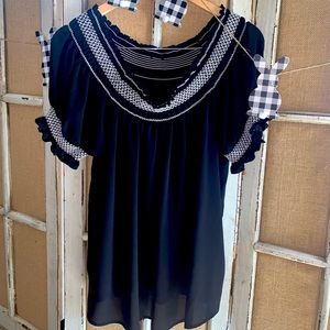 Black chiffon Boho off shoulder top . Peasant style . White shirred short Slv L